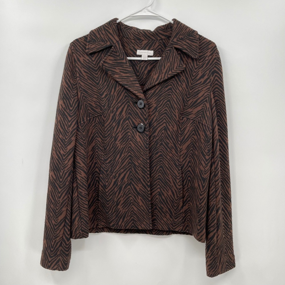 Charter Club Brown Zebra Print Blazer Jacket Career Office Business Casual M